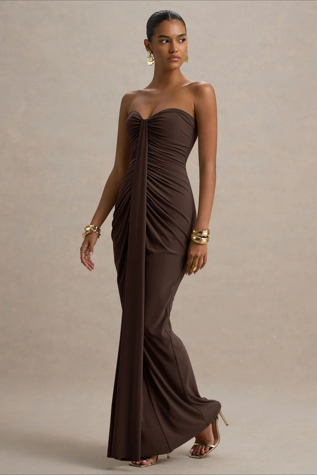 Strapless Sweetheart Ruched Draped Mermaid Maxi Gown