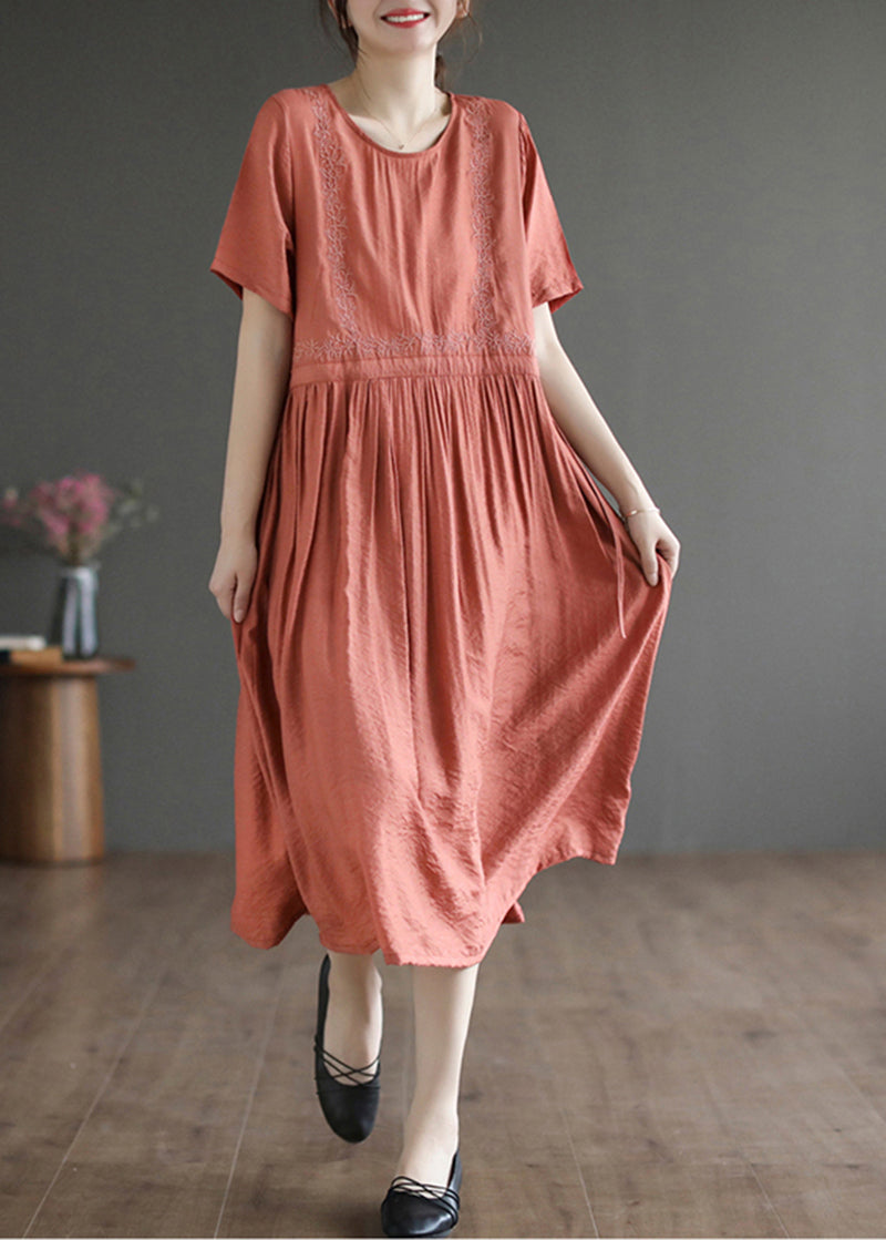 Embroidered Panel Round Neck Short Sleeve Gathered Midi Dress