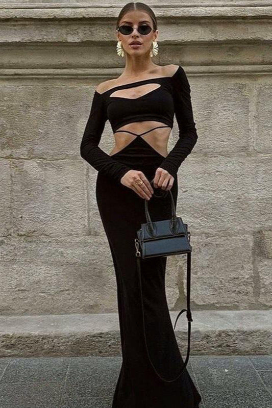 Slim Hollow Long-Sleeve Sexy Temperament Maxi Dress