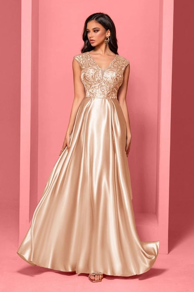 Lace Bodice V-Neck Cap Sleeve Satin A-Line Gown 2