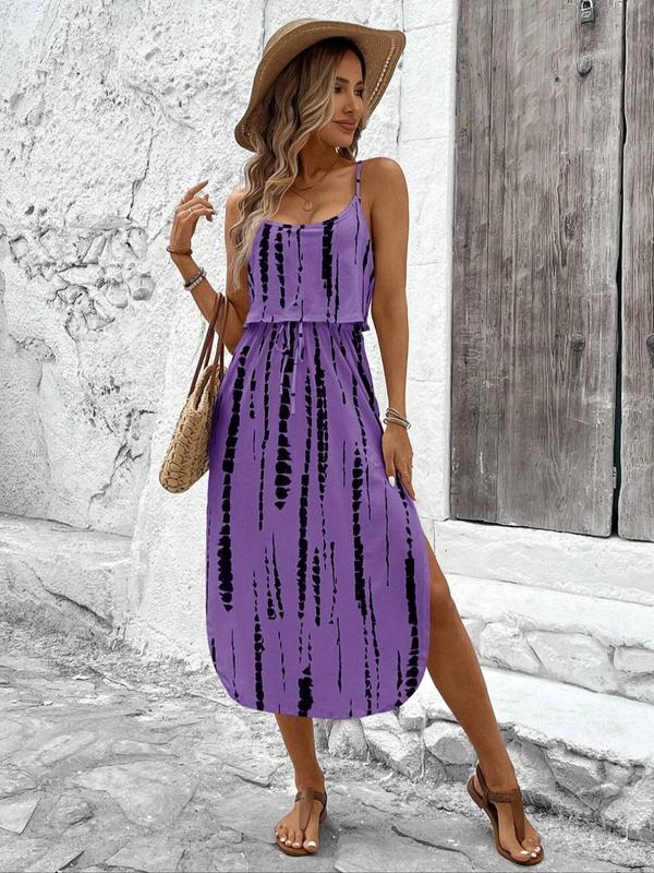 Tie Dye Stripe Print Spaghetti Strap Layered Split Midi Dress 3