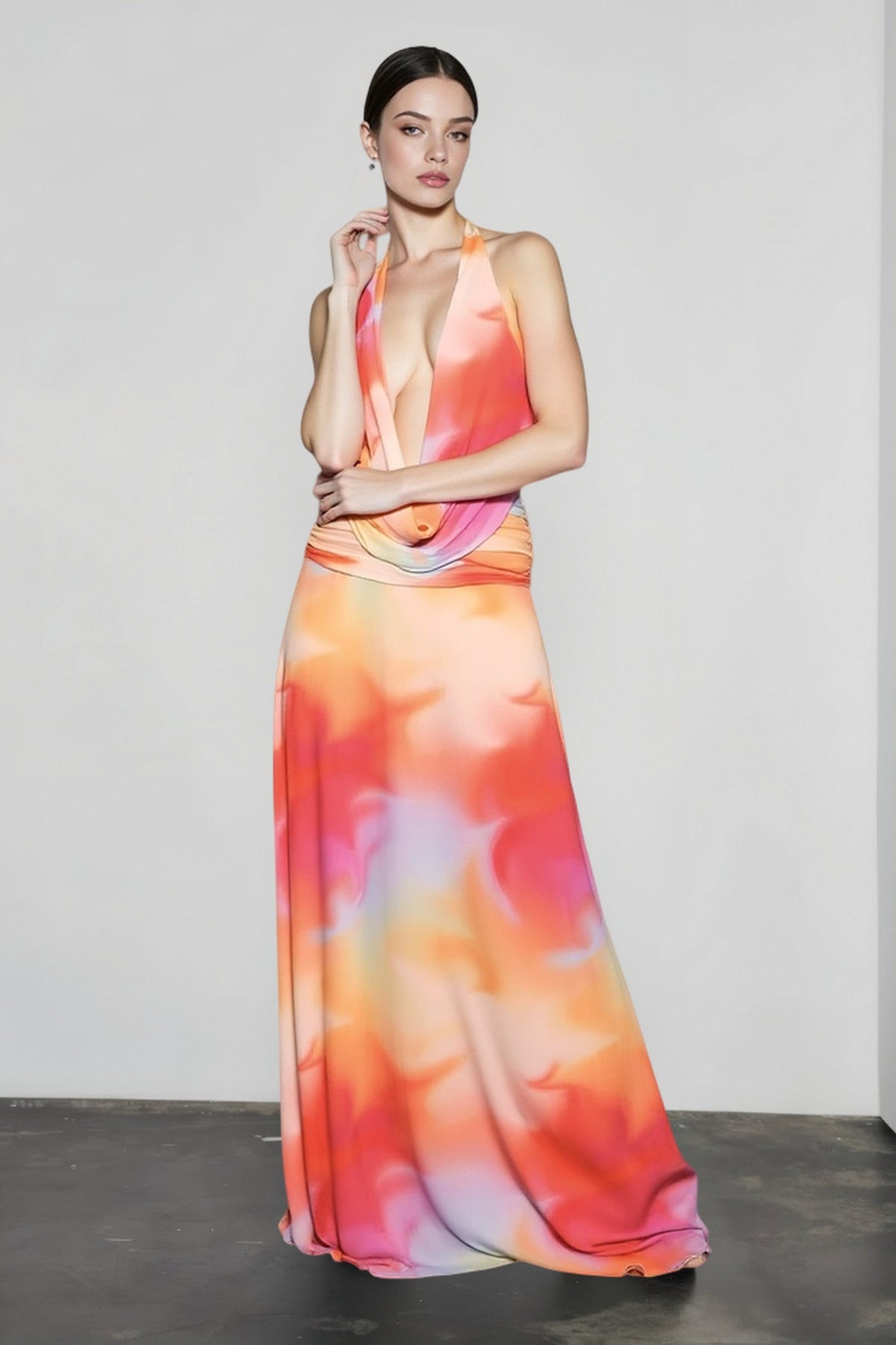 Ombre Print Halter Deep V-Neck Cowl Maxi Gown