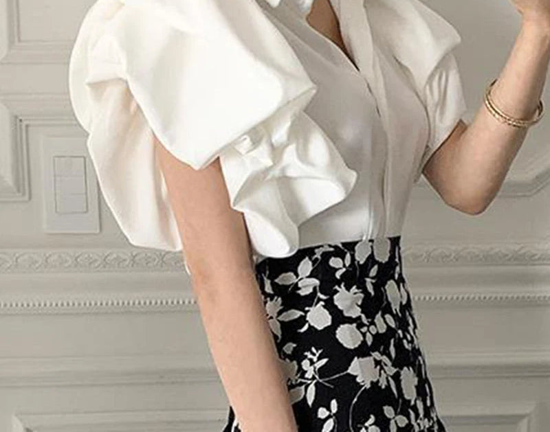 Y2K Chiffon Black Puff Sleeve Casual Korean Blouse