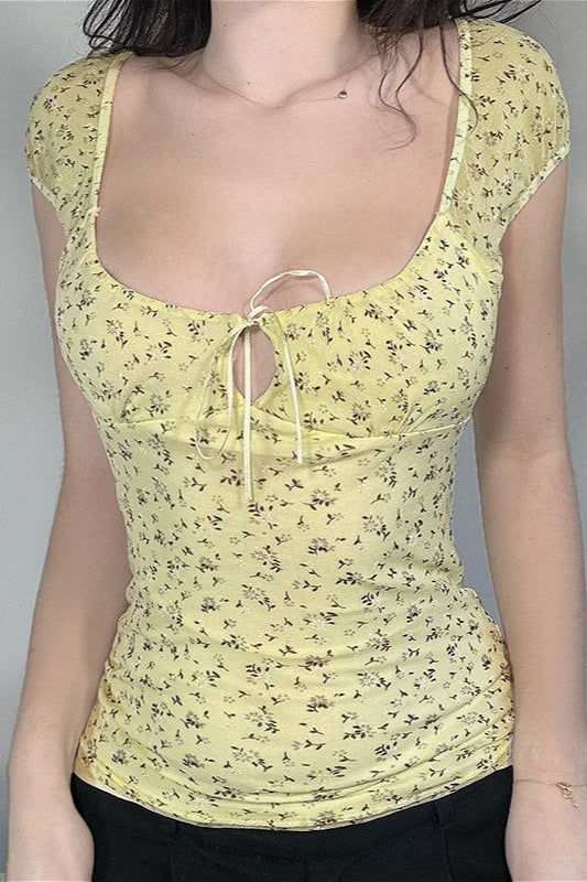 Vintage Cutout Tie Waist Yellow Floral Blouse