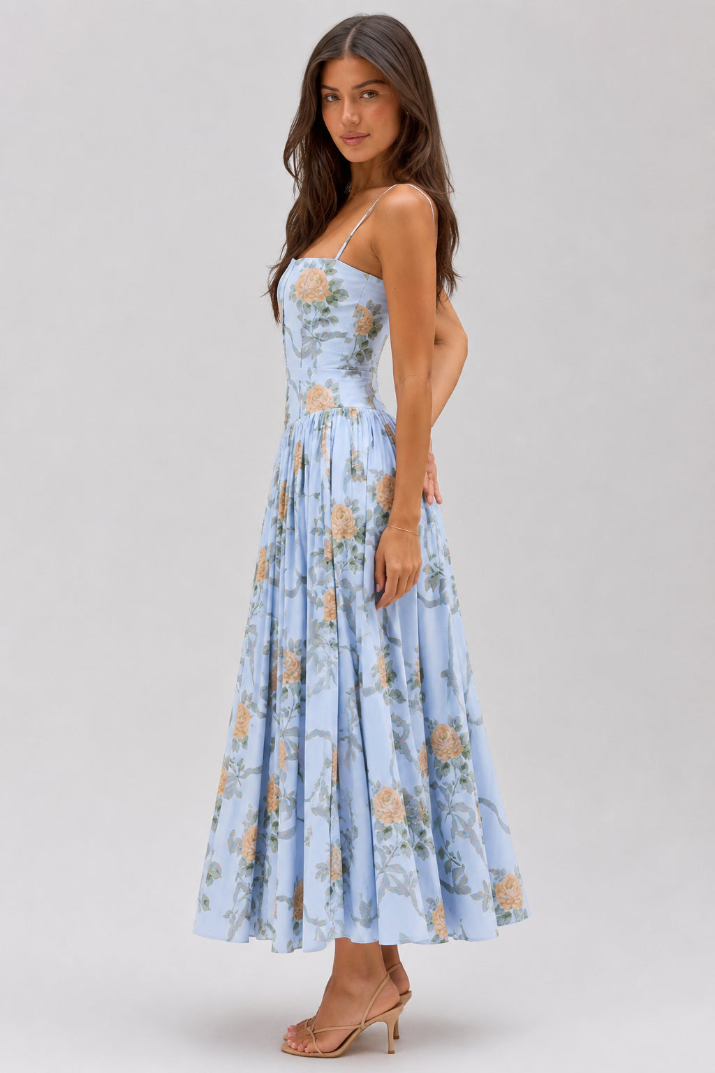 Floral Print Corset Drop Waist Full Skirt Maxi Dress