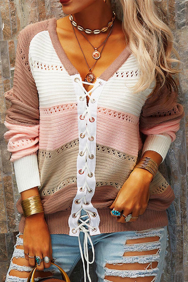 V Neck Lace up Patchwork Loose  Sweater  Fashionpara