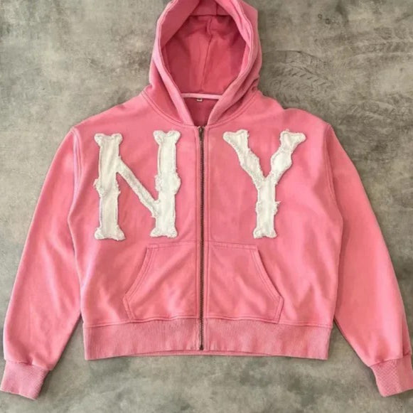 Letter Embroidered Oversized Zip Hoodie