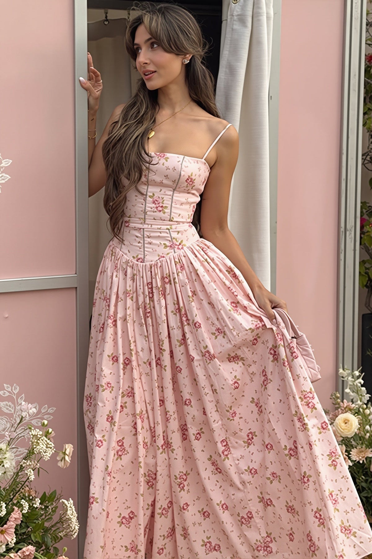 Ditsy Floral Square Neck Corset Maxi Dress 5