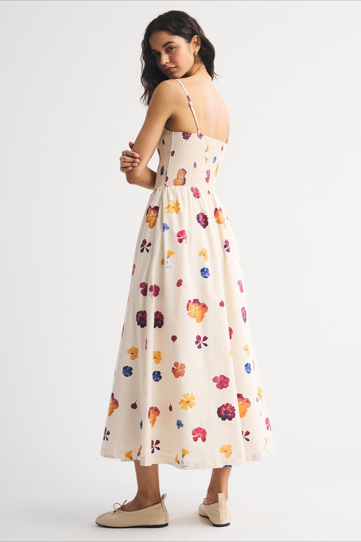 Striped Shirred Bodice A-Line Midi Dress