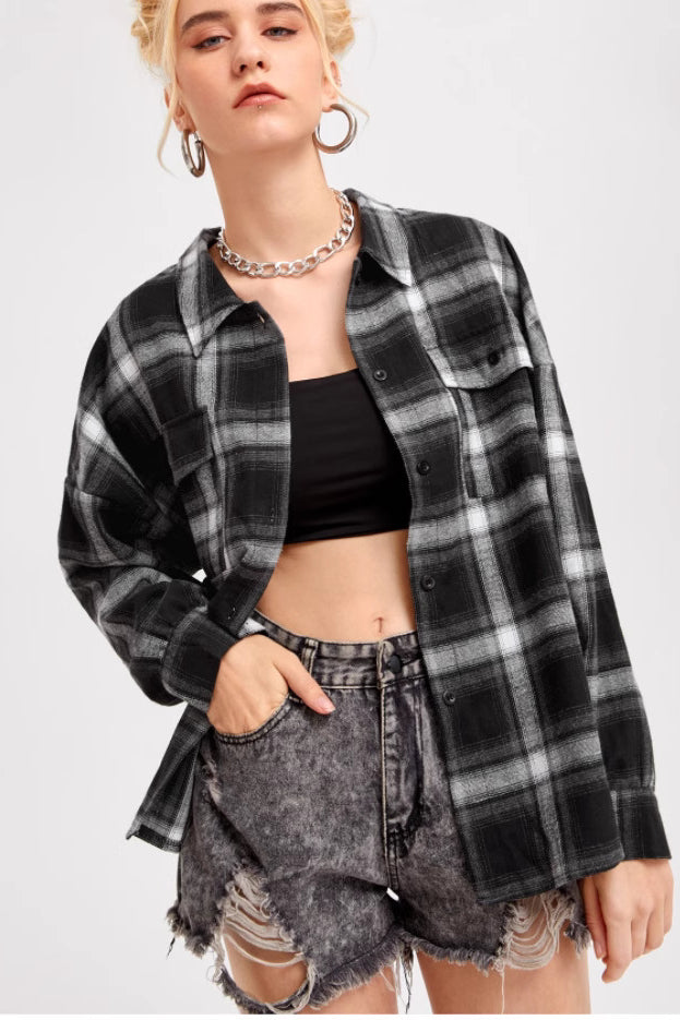 Plaid Stand Collar Button Shirt Blouse - Fashionpara