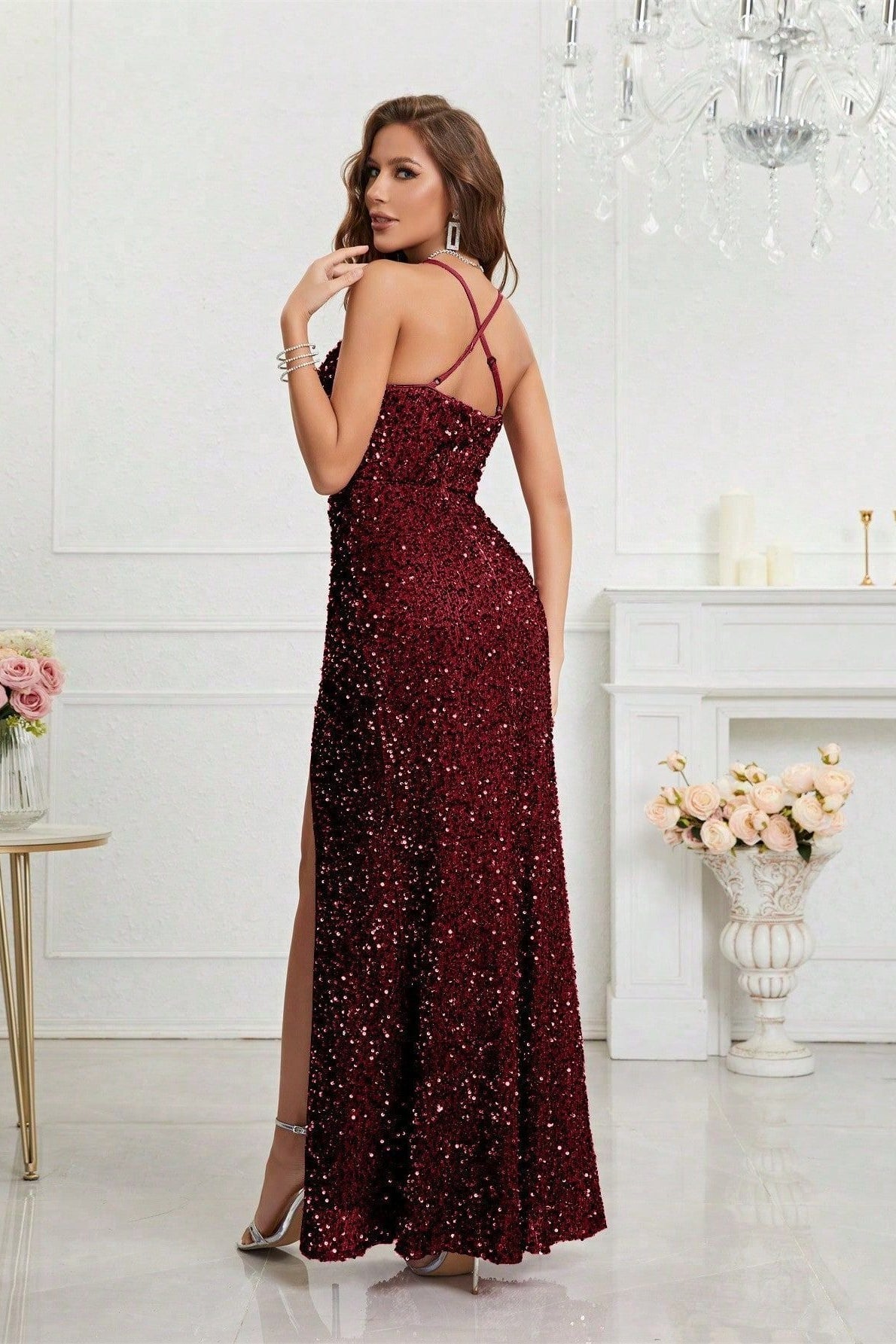 Spaghetti Strap Sweetheart Sequin Ruched High Split Mermaid Gown 12