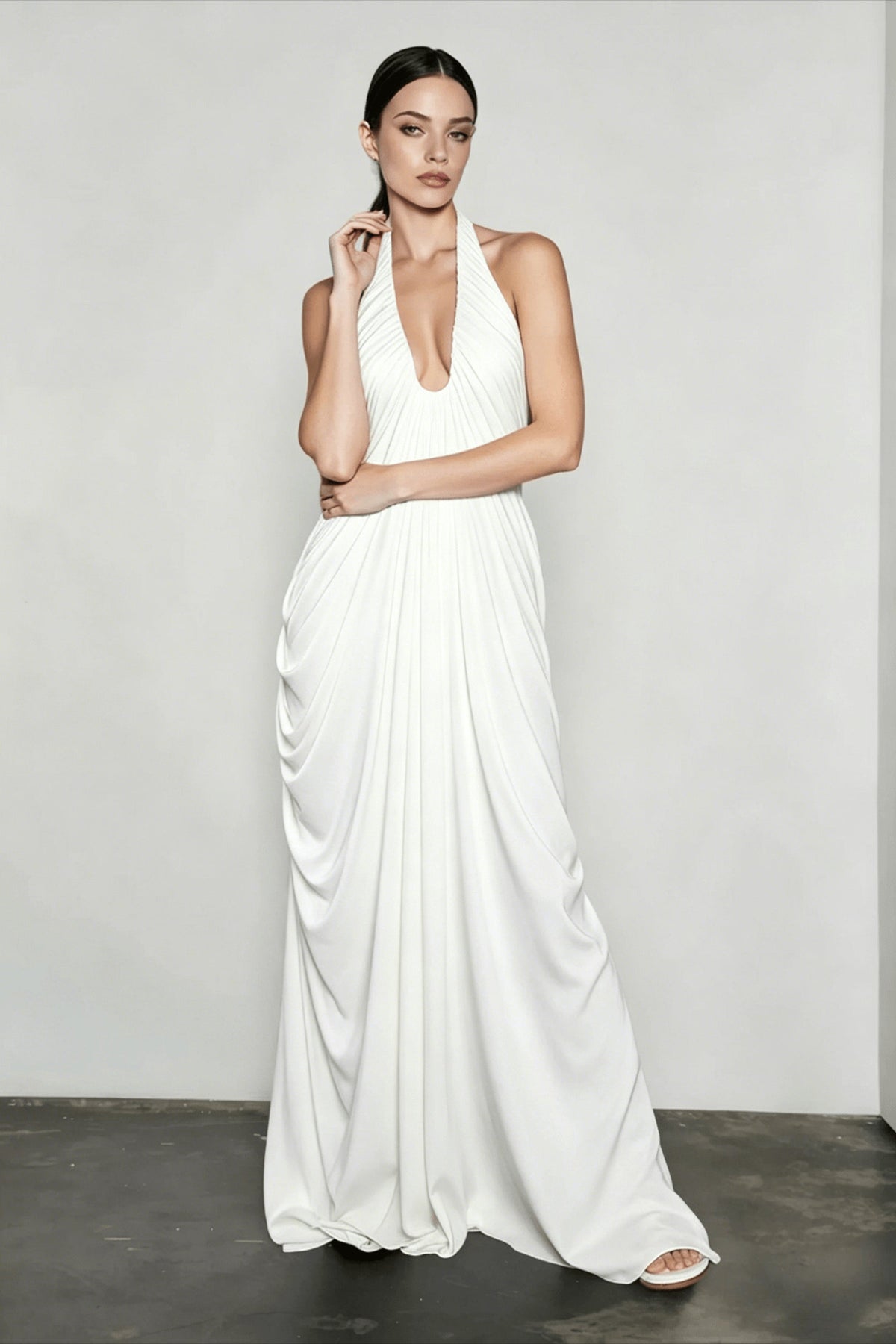 Deep V-Neck Backless Halter Draped Grecian Maxi Gown 3