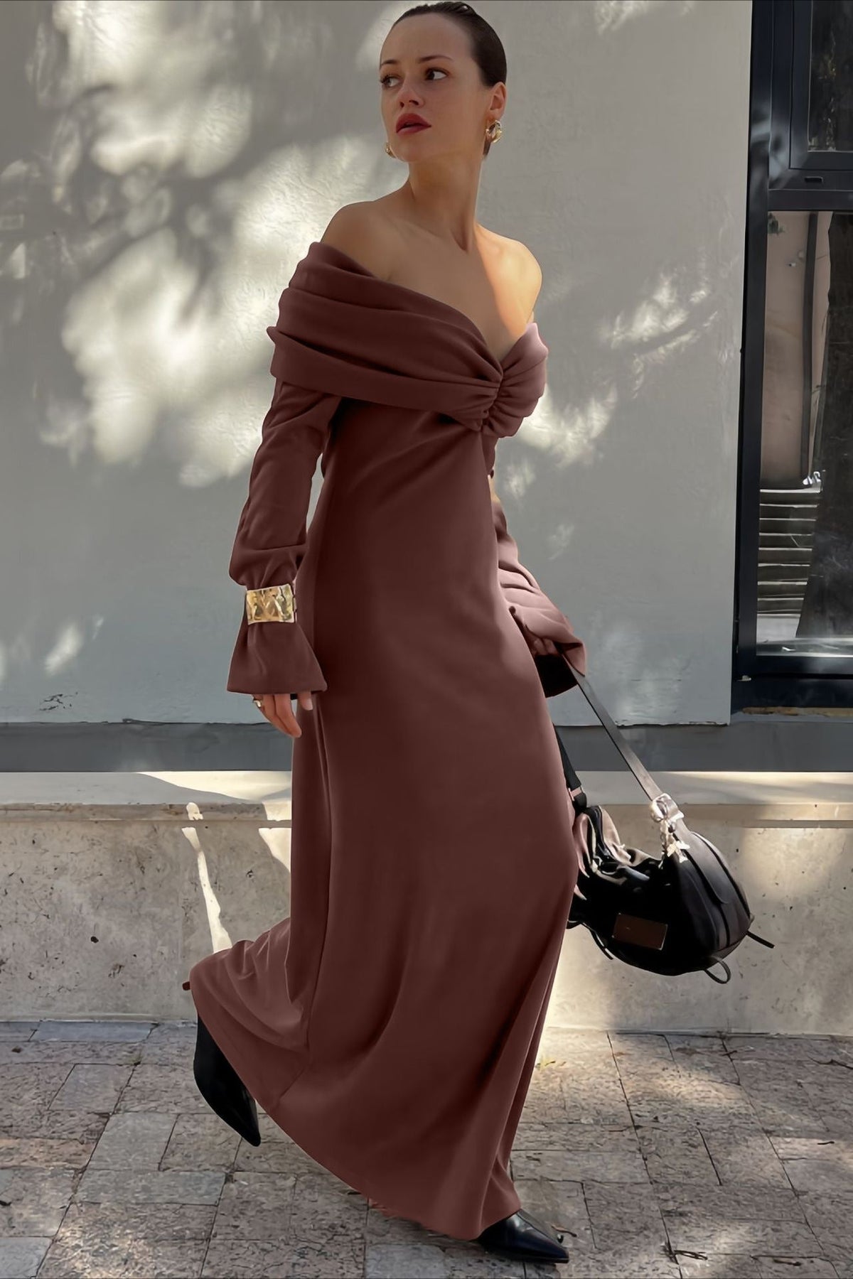 Off Shoulder Long Sleeve Pleated Bodycon Maxi Dress