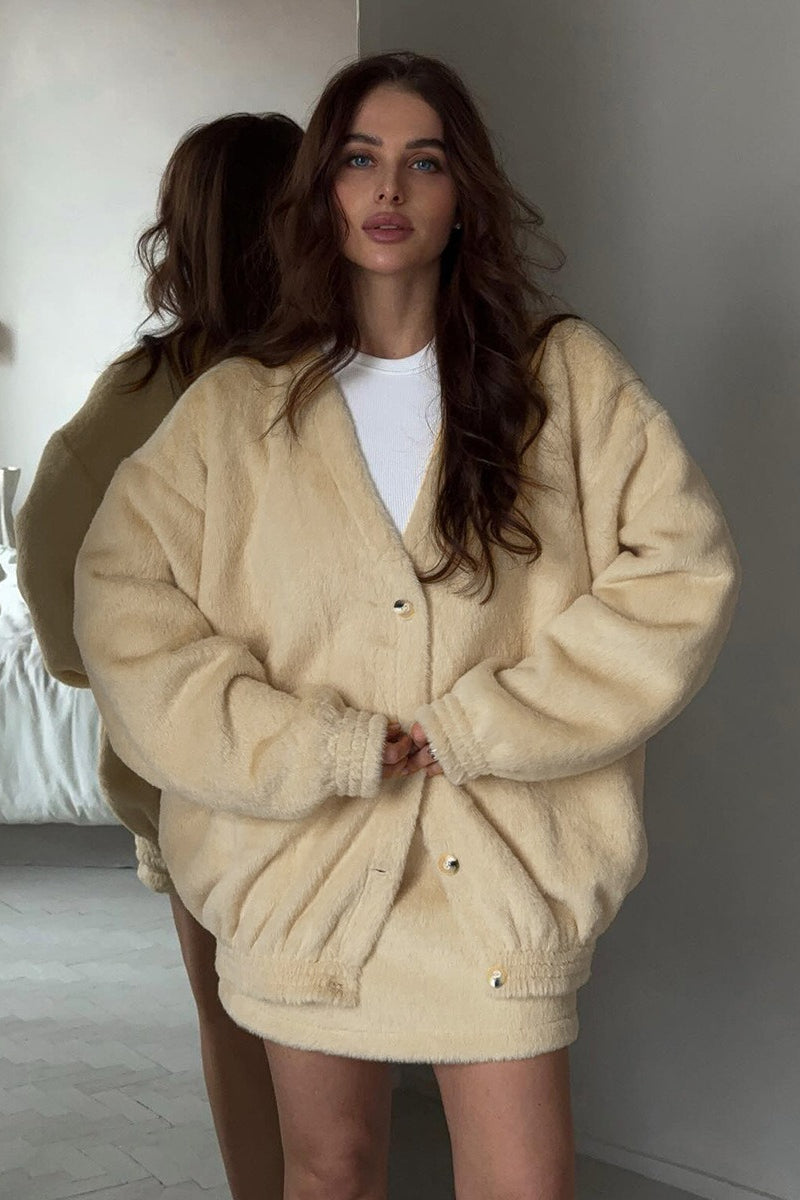 Plush Cardigan Mini Skirt Knit Set