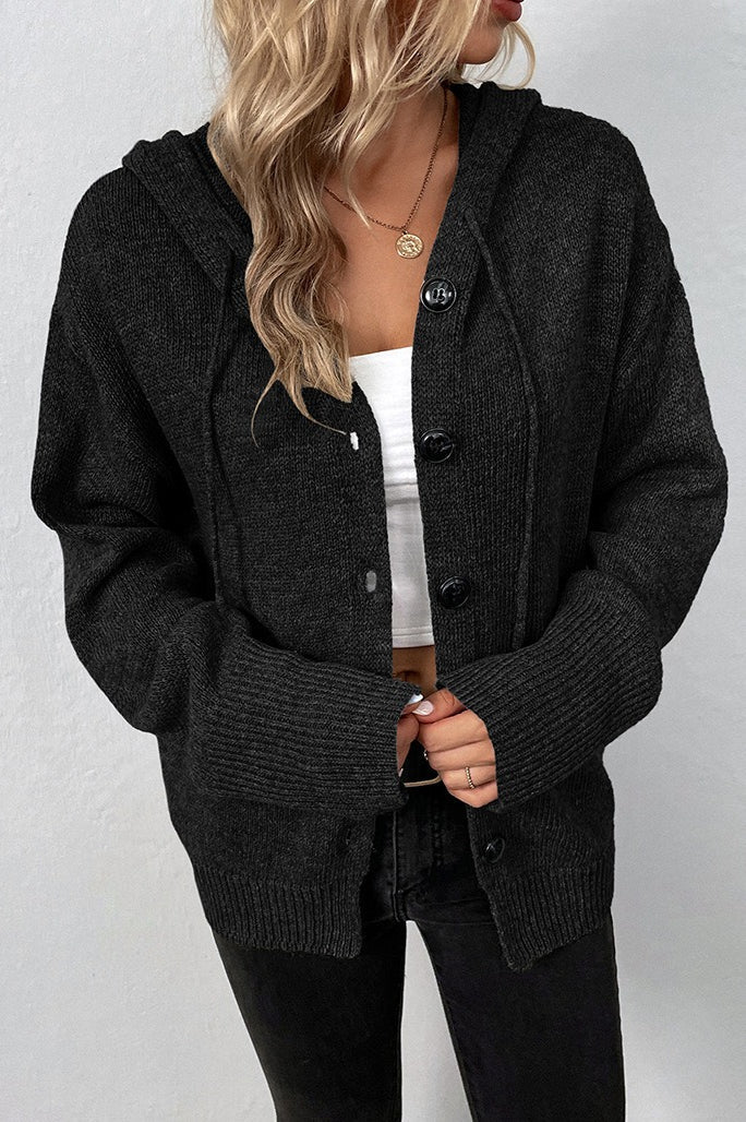 Hooded Drawstring Button Front Knit Cardigan 11