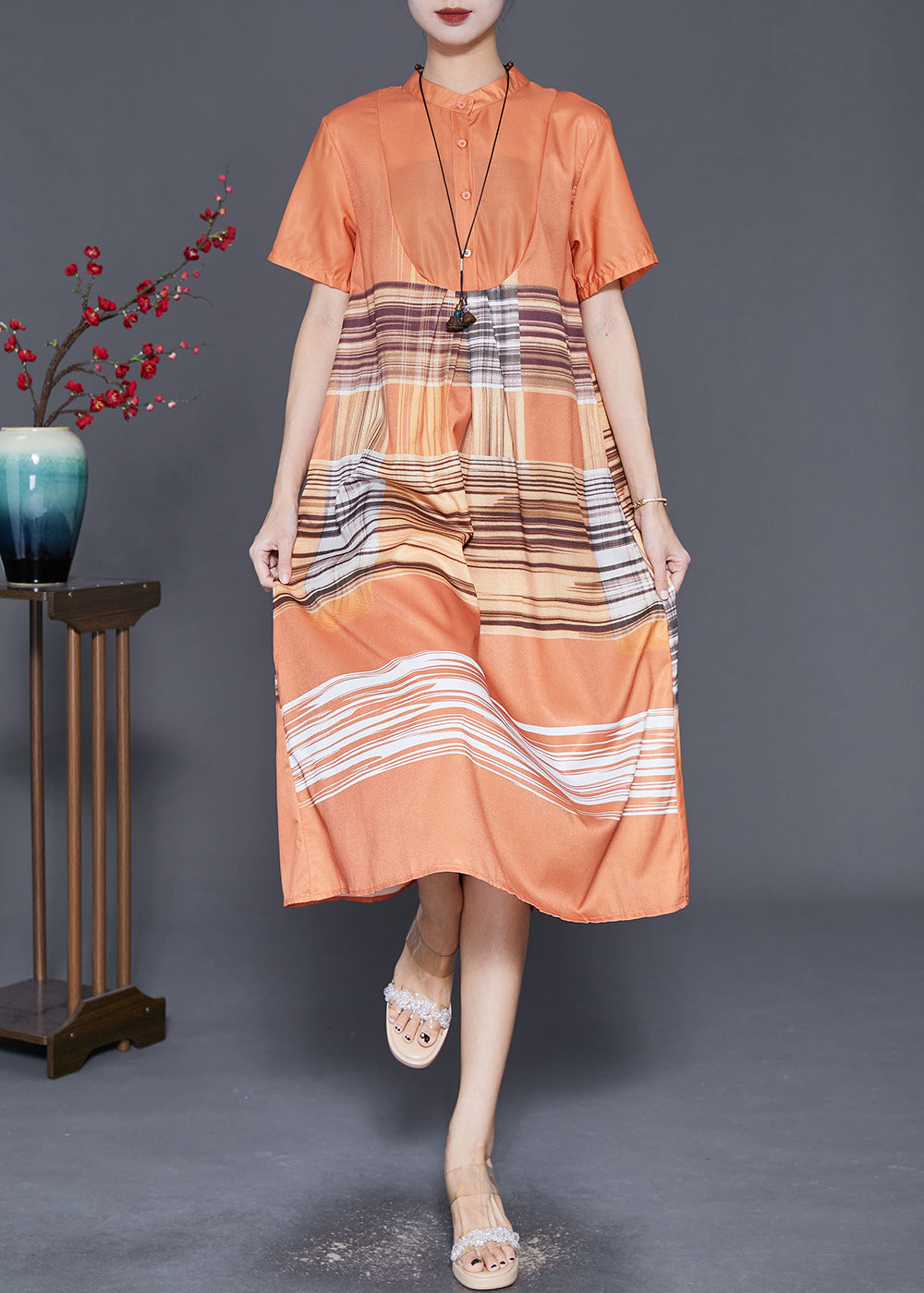 Patchwork Stripe Mandarin Collar Button Short Sleeve A-Line Midi Dress - View 3