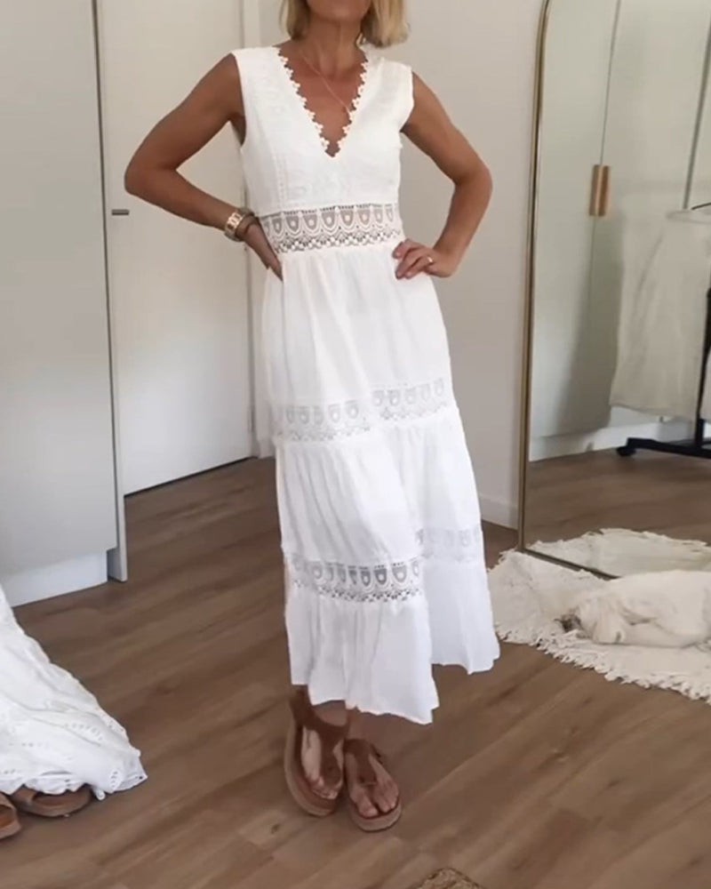 Sleeveless V-Neck Crochet Lace Panel Tiered Scalloped Trim Midi Dress - View 4
