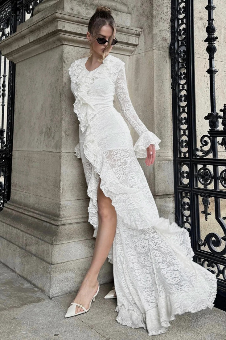 Lace Long Sleeve Deep V-Neck Ruffle Trim High Low Maxi Gown