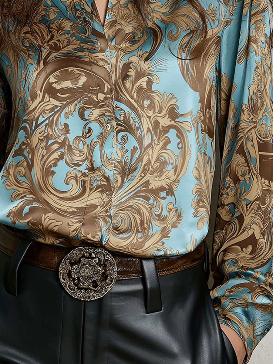 Sky Blue & Gold Luxurious Baroque Scroll Print Shirt - Fashionpara