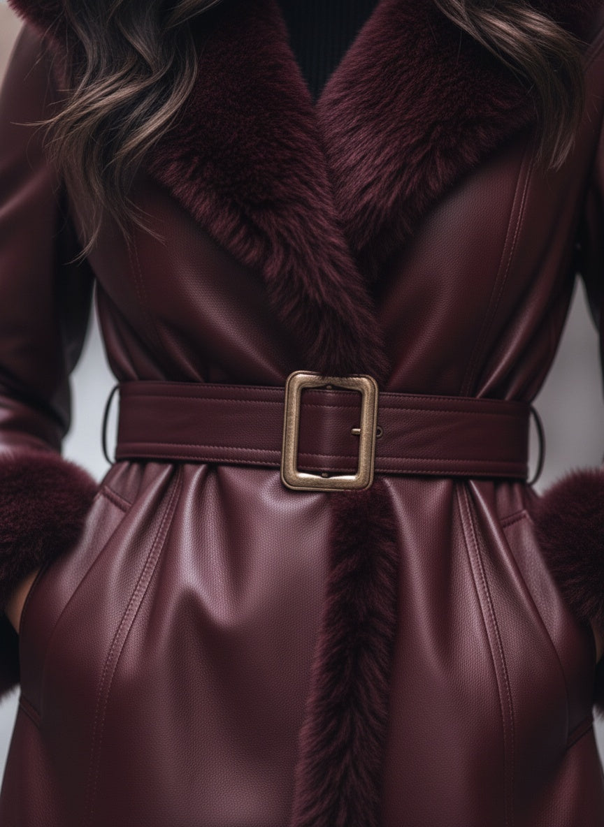 The Elegant Burgundy Leather-Trimmed Coat