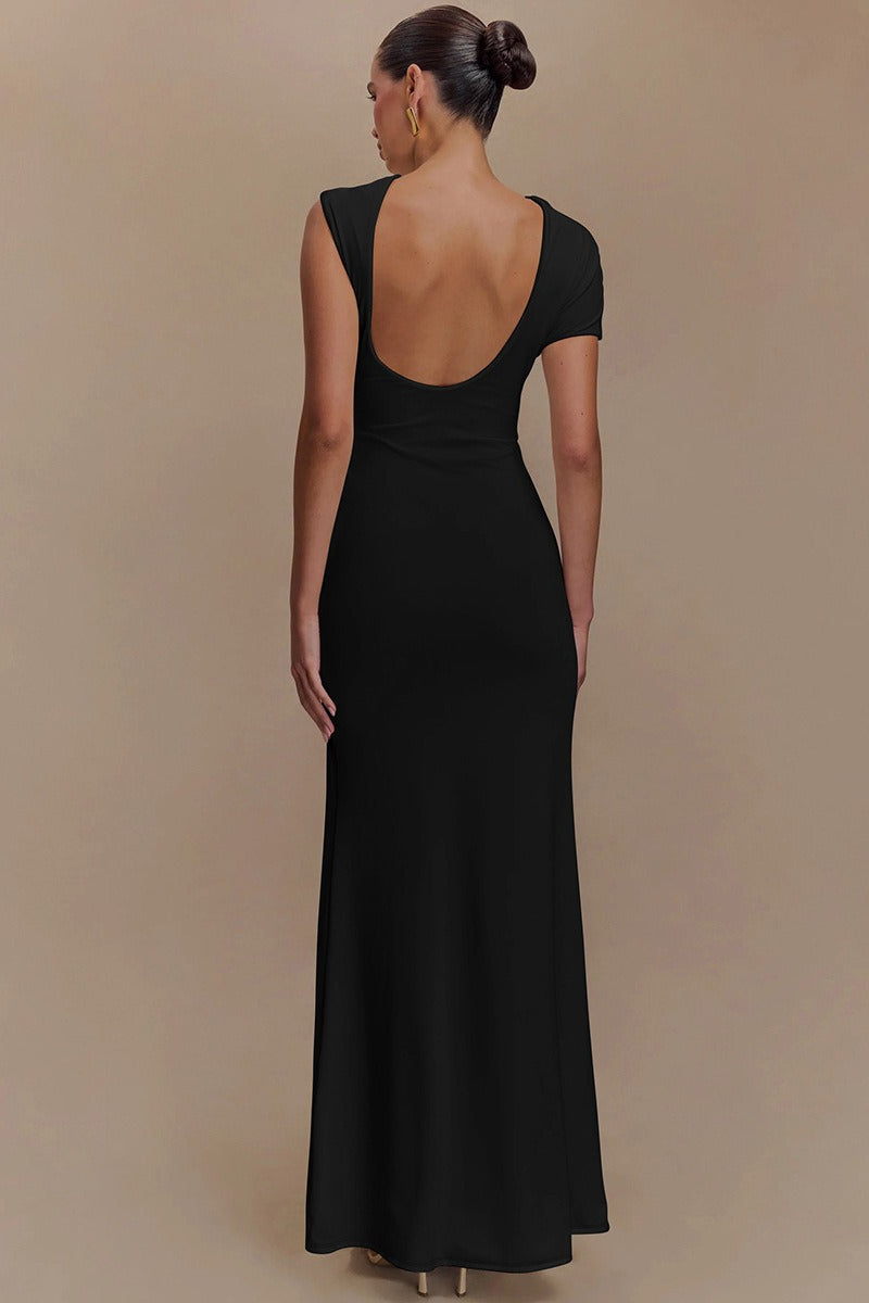 Asymmetric Cutout Cap-Sleeve Ruched Mermaid Gown
