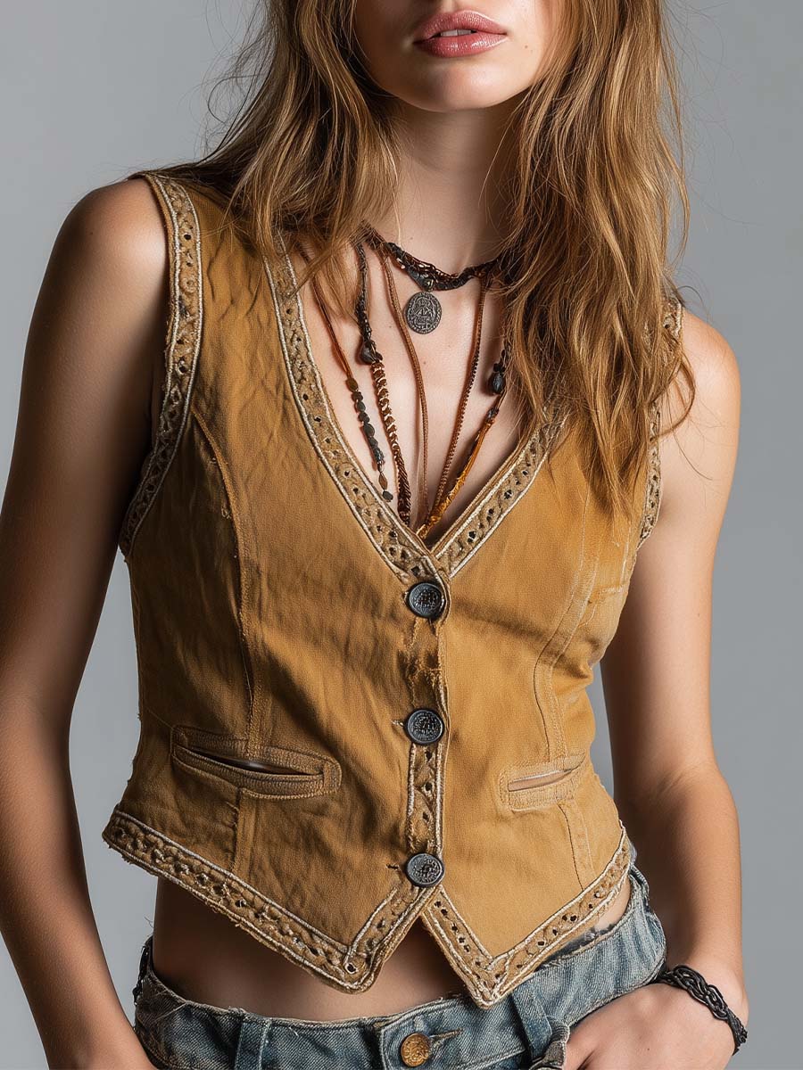 Western Bohemian Style Vintage Washed Vest - Fashionpara