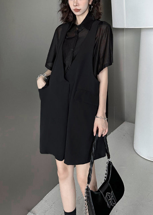 Faux Two-Piece Sheer Button Front Shirt Sleeveless Midi Dress - View 5