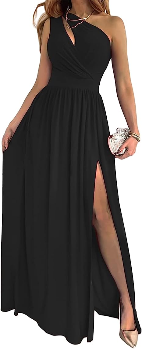 One Shoulder Keyhole Cut Out Pleated High Split Formal Maxi Gown - View 4