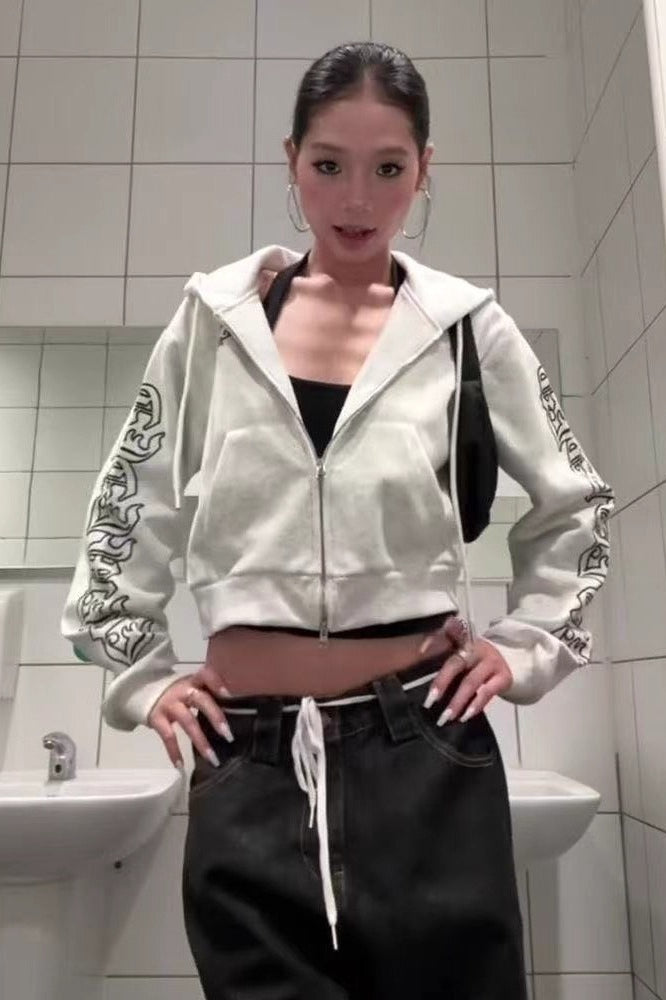 Gothic Letter Print Cropped Hoodie