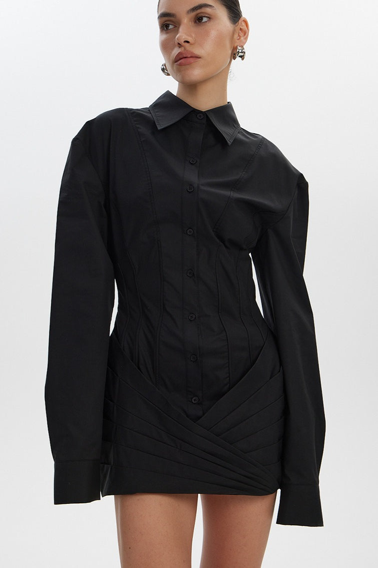 Collared Long Sleeve Corset Shirt Mini Dress