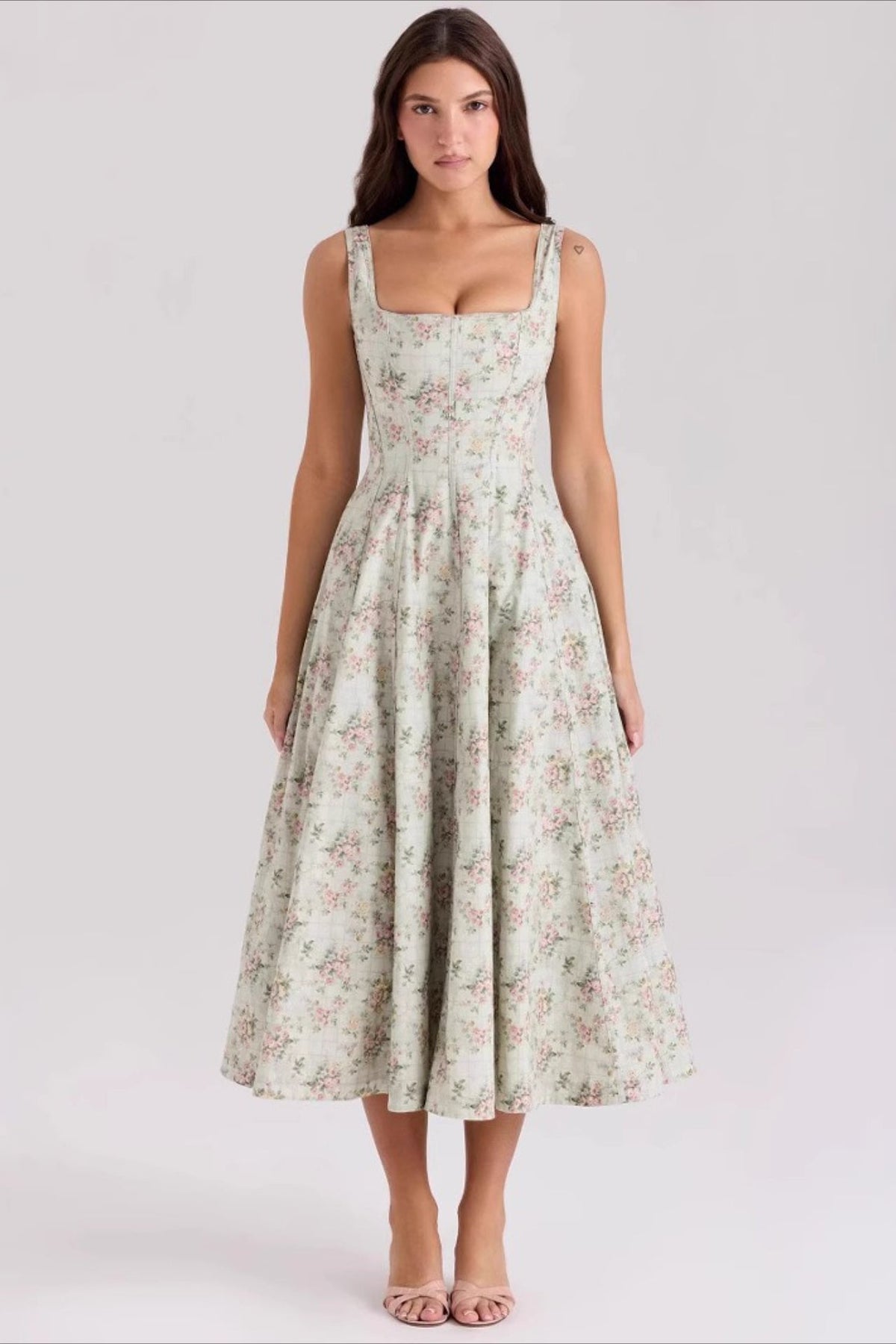Floral Print Square Neck Corset Fit & Flare Midi Dress