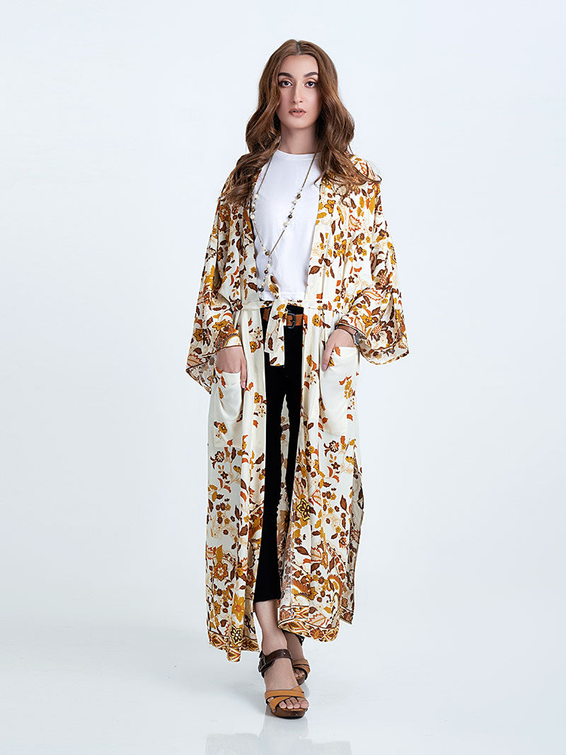 Beachwear & Partywear Floral Print Beige Color Cotton Long Length Gown Kimono Duster Robe 5