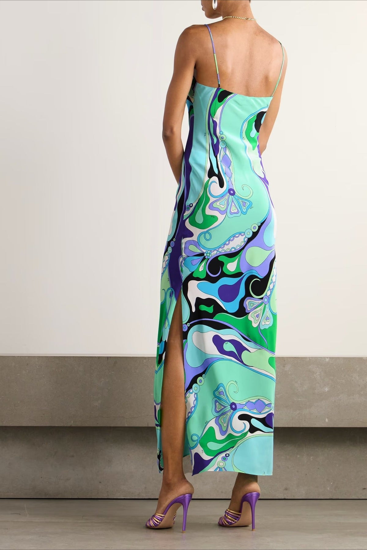 Swirl Print V-Neck Spaghetti Strap Slip Maxi Dress