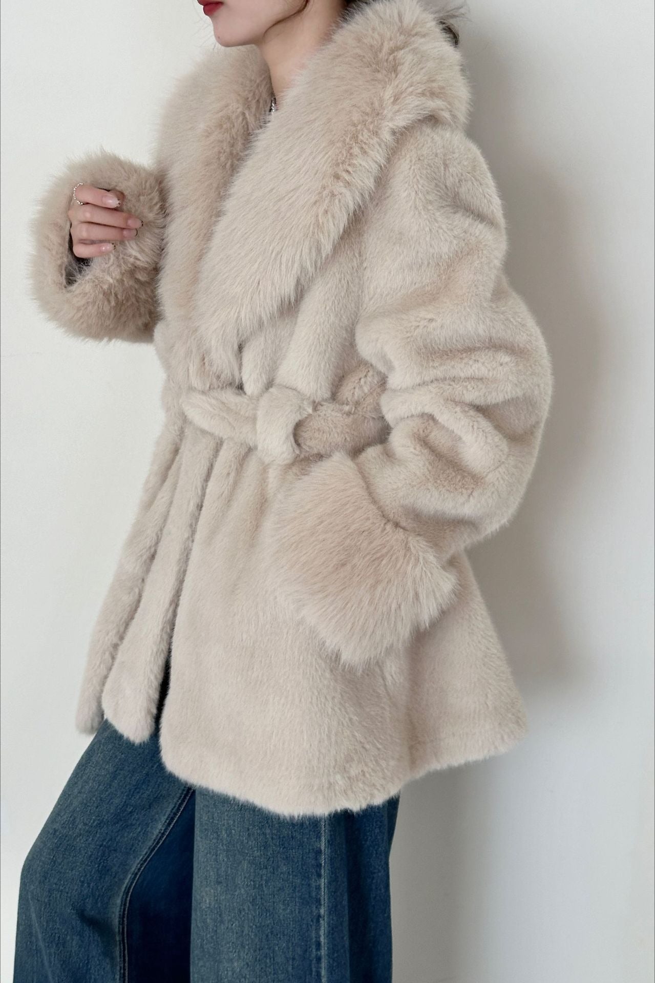 Faux Animal Fur Suede Mid-Length Notch Collar Tie Waist Coat