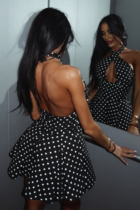 Polka Dot Halter Cut Out Ruffle Flare Mini Dress