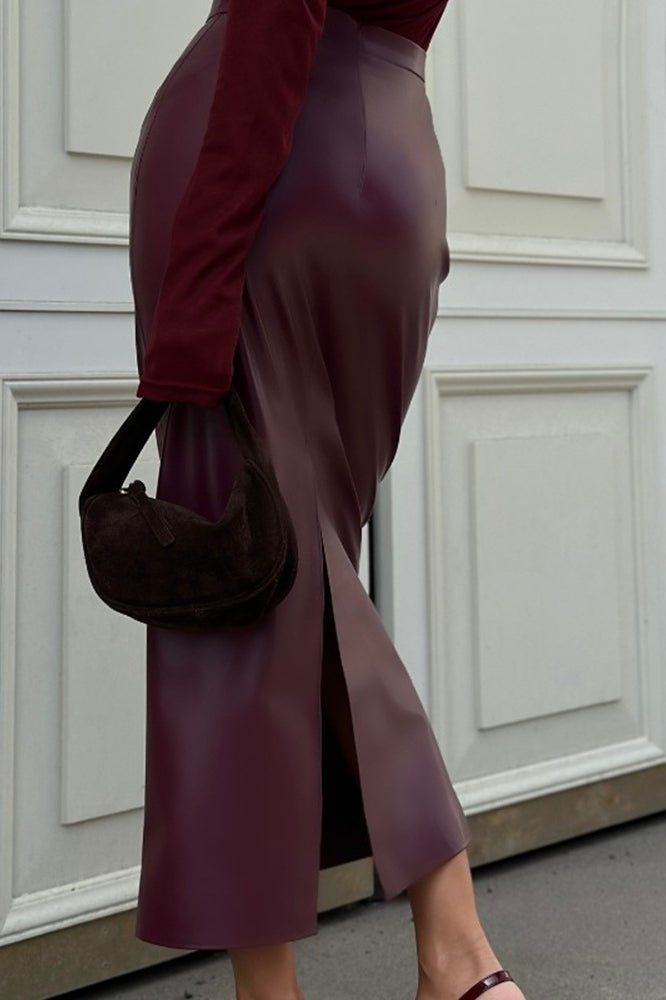 High-Waist Faux Leather Bodycon Skirt with Slit Skirt