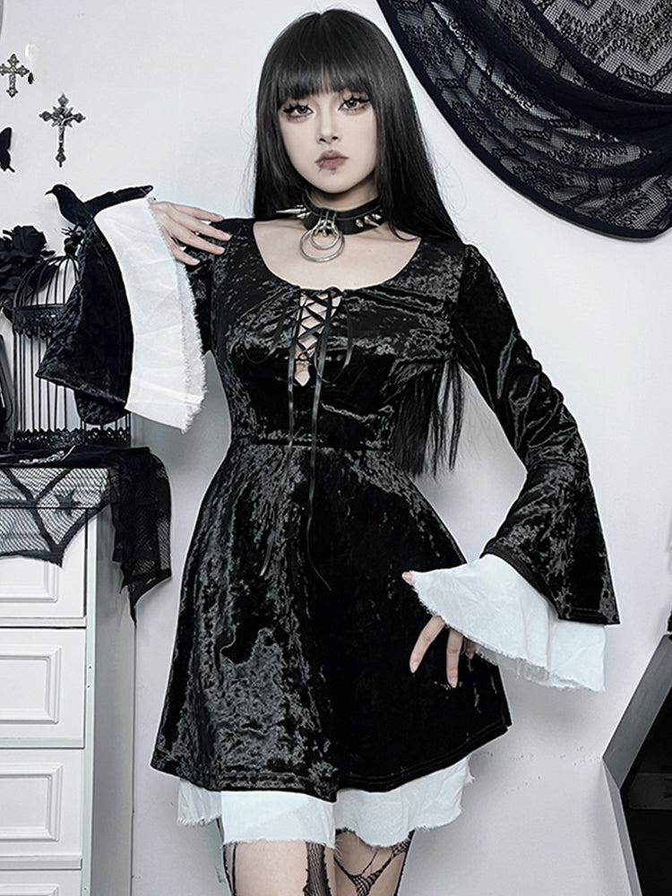 Velvet Scoop Neck Bell Sleeve Lace-Up A-Line Mini Dress