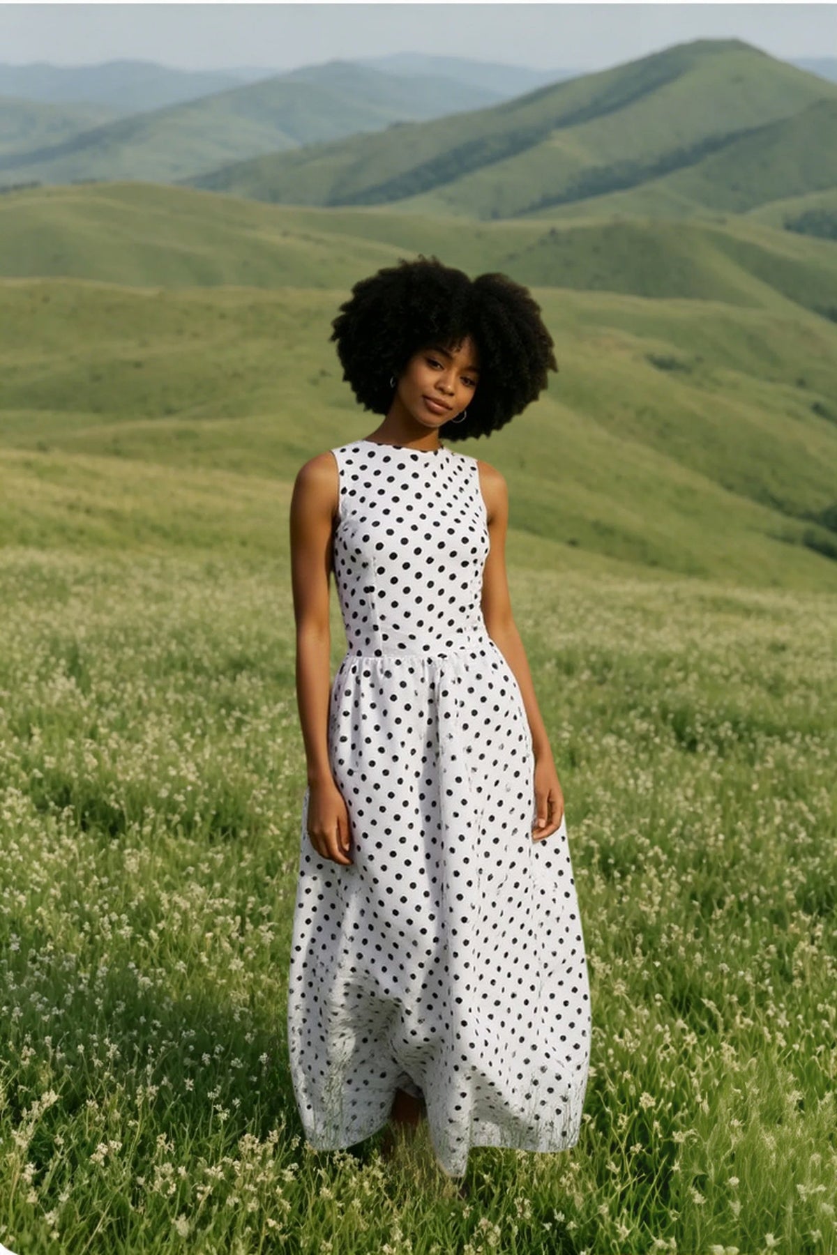 Polka Dot Round Neck Sleeveless A-Line Midi Dress