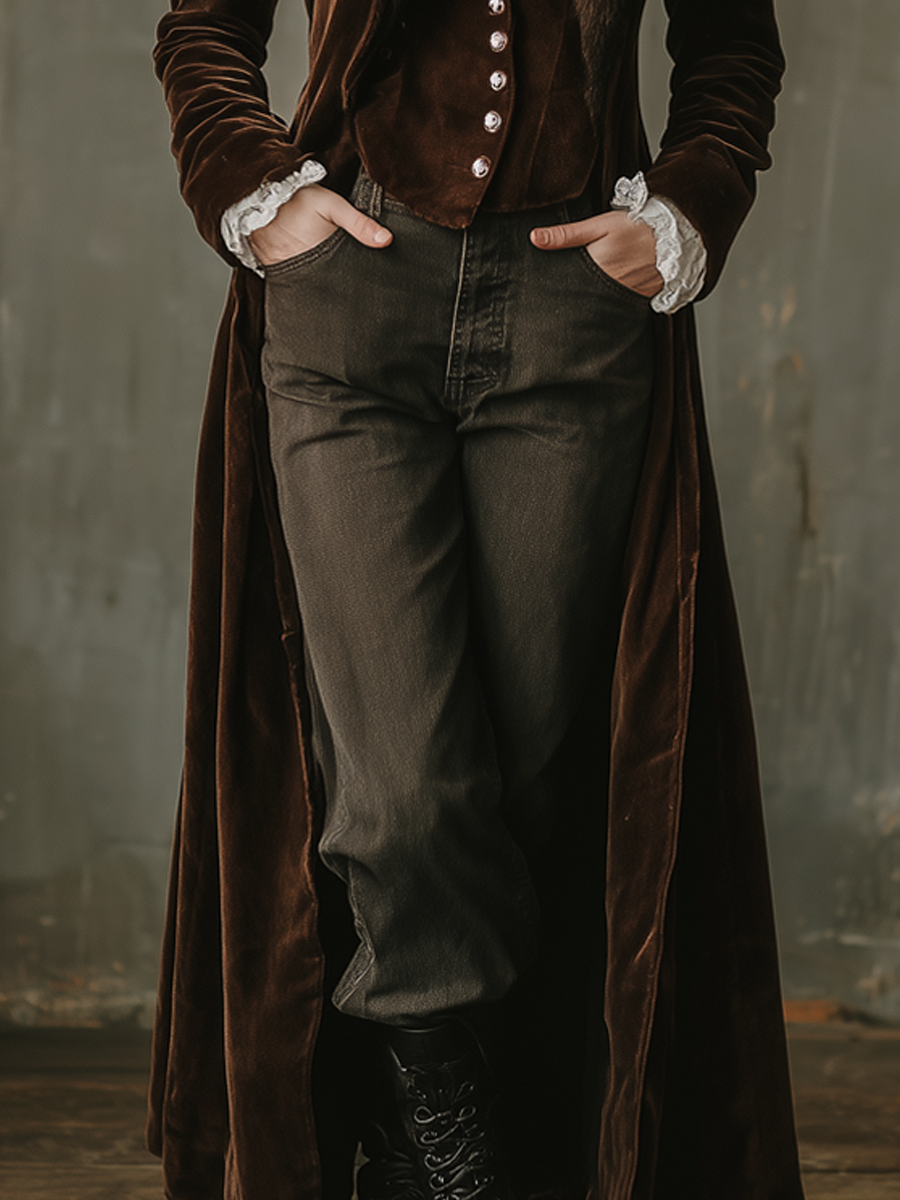 Retro Faux Fur Collar Velvet Long Coat - Fashionpara