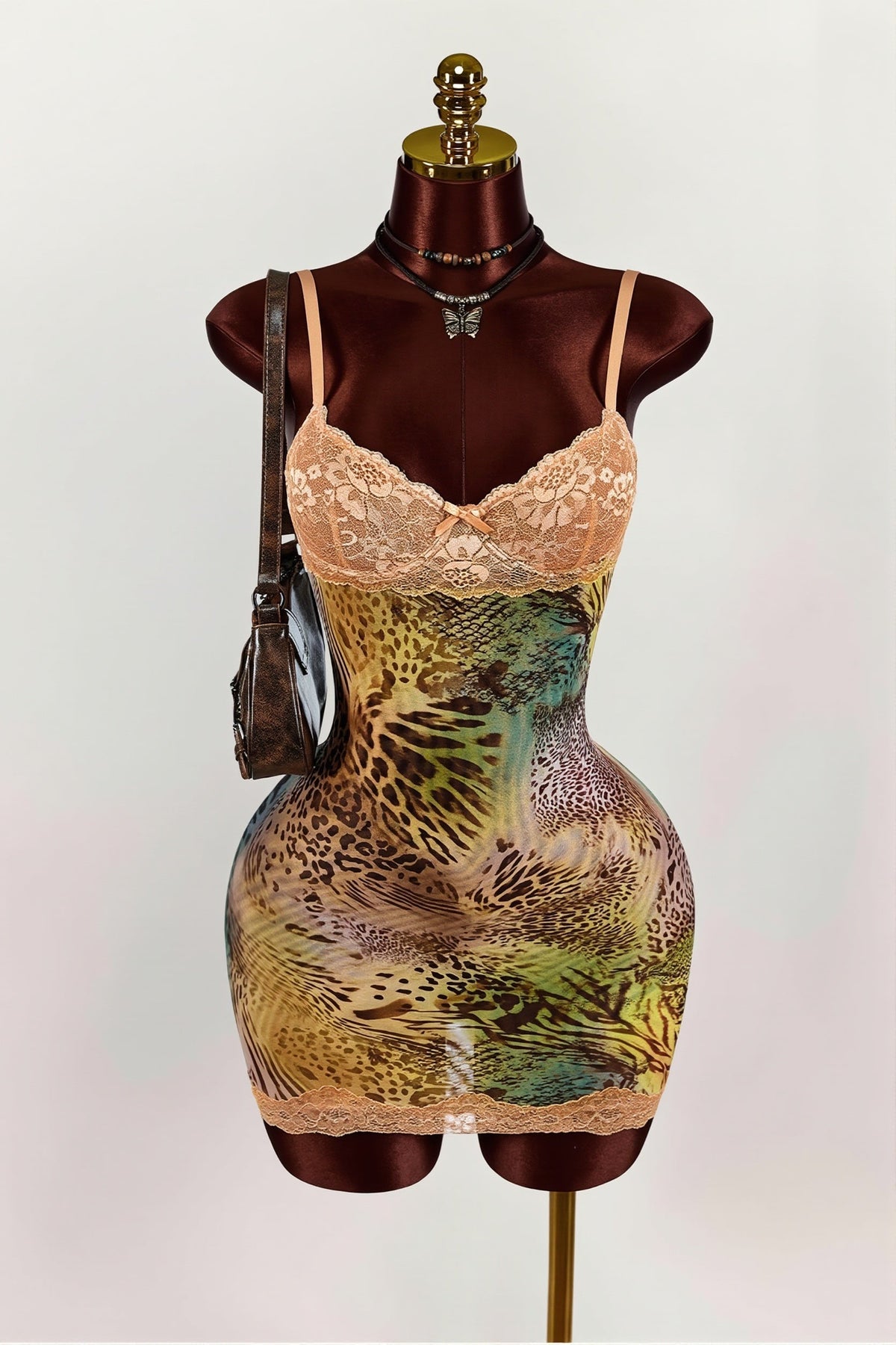 Animal Print Lace Trim Cami Slip Mini Dress