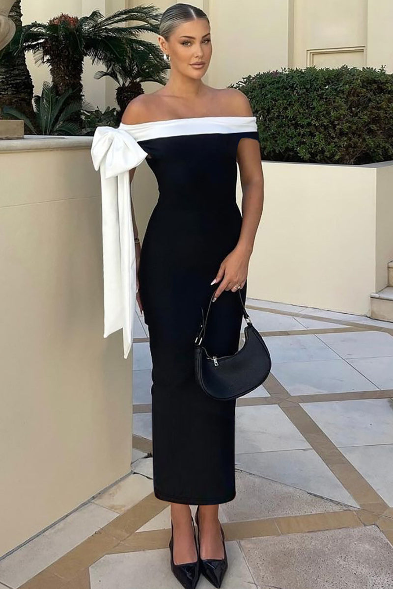 Off Shoulder Bow-Detail Bodycon Column Maxi Dress 2