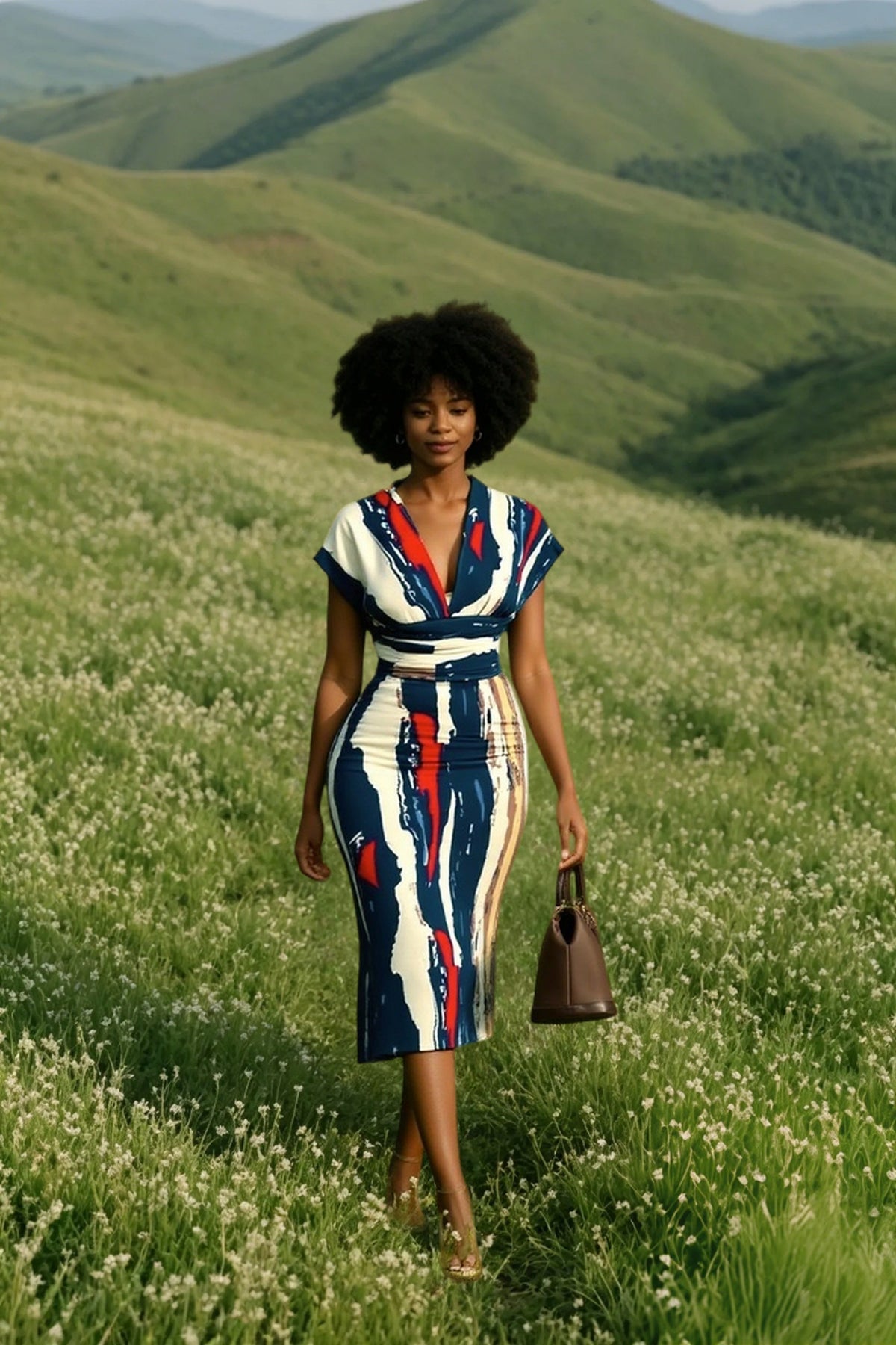 Denim Patchwork V-Neck Cap Sleeve Midi Dress 6