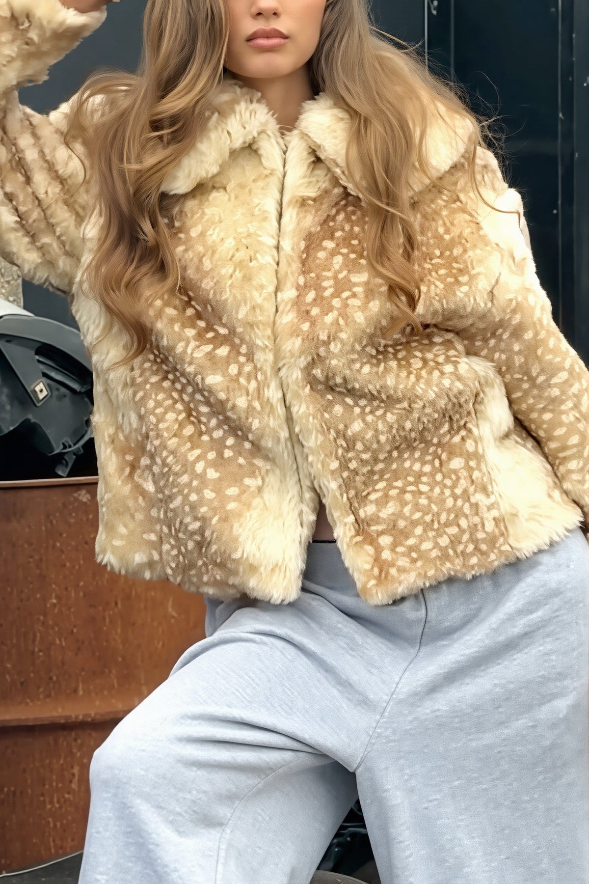 Deer Spot Rounded Collar Faux Fur Coat 4