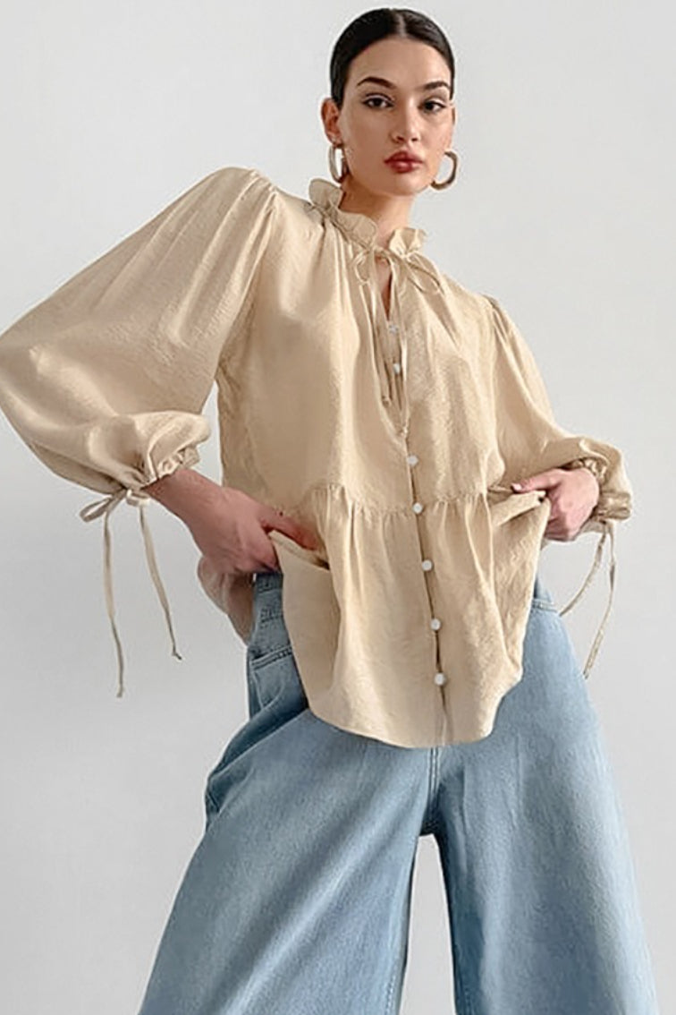 Sheer Puff Sleeve Tie Blouse