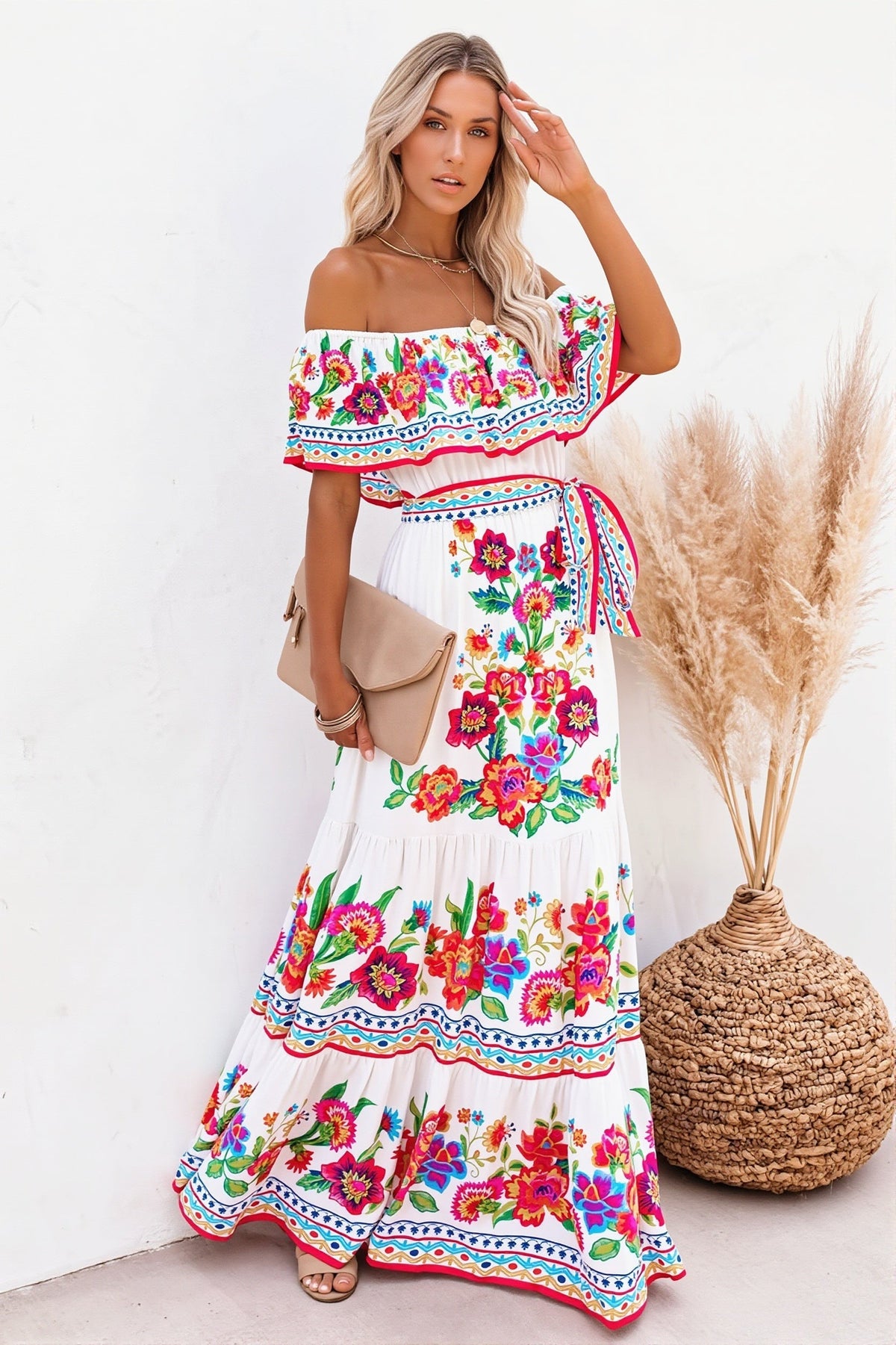 Floral Off Shoulder Tie Waist Tiered Maxi Dress 3