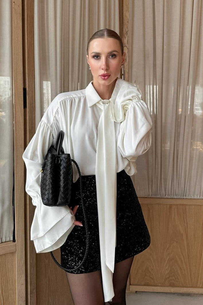 French Flare Sleeve Tie Blouse