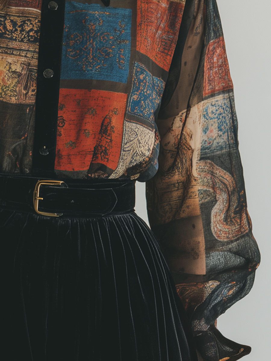 Retro Printed Velvet Patchwork Chiffon Balloon Sleeve Blouse - Fashionpara