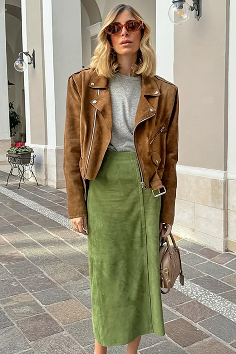 Velvet Green High-Waisted Slit Midi Skirt