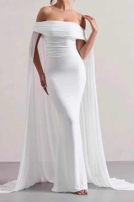 Off Shoulder Cape Sleeve Ruched Mermaid Gown