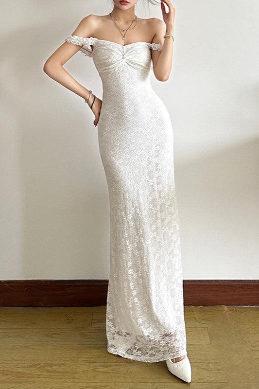Floral Lace Off-Shoulder Short Sleeve Mermaid Maxi Dress 10